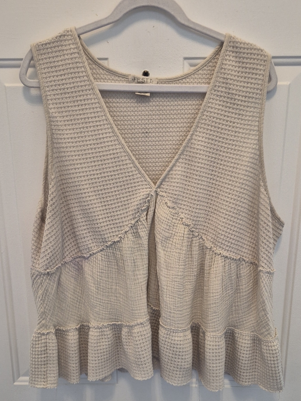 Cream Textured V-Neck Sleeveless Top